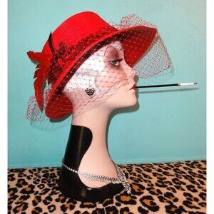 Vintage Lily Lee Red Church Hat w/ Veil feathers sequins bow Kentucky Derby